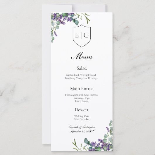 Lavendel Eucalyptus Monogram Bruiloft Menu (Voorkant)