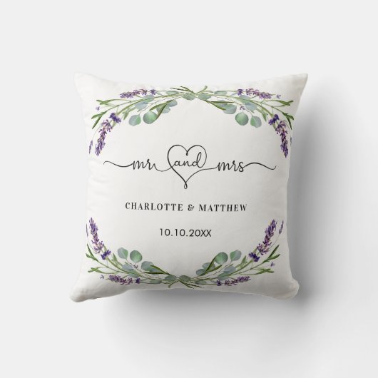 Lavendel eucalyptus mr mevrouw namen bruiloft kussen (Achterkant)