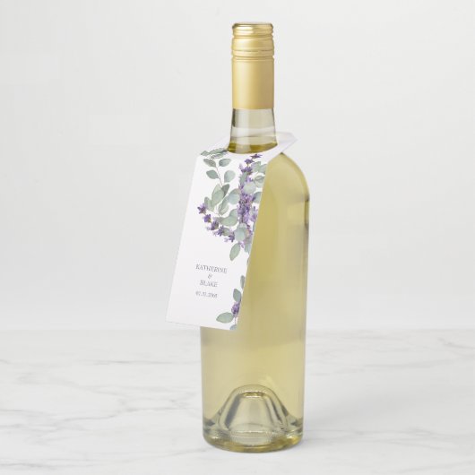 Lavendel & Eucalyptus Namen & Datum Wijn Bruiloft Flessenhanger (Schuin)