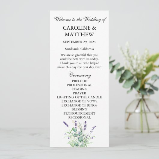 Lavendel Eucalyptus Paarse Floral Sage Wedding Programmakaart (Staand voorkant)