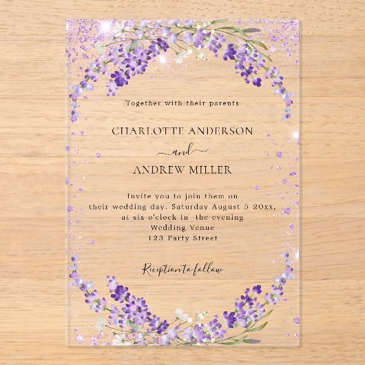 Lavendel eucalyptus schittert avondbruiloft acryl uitnodigingen (Voorkant)