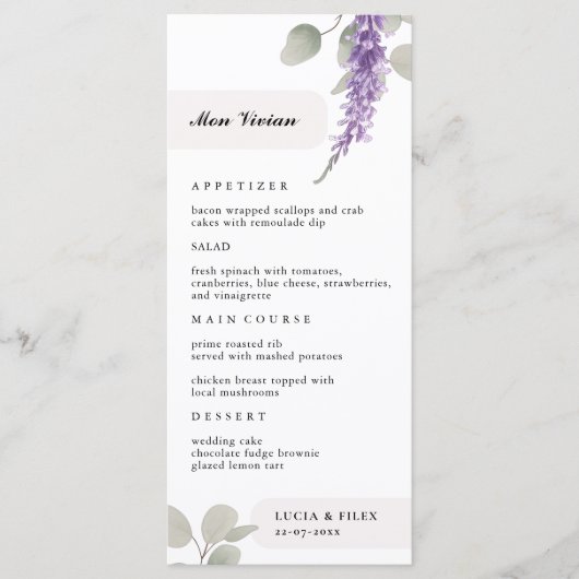 Lavendel Eucalyptus verlaat gastennaam diner Menu (Voorkant)
