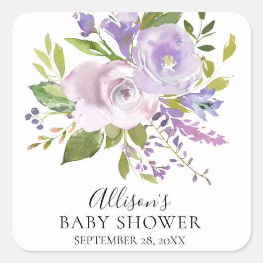 Lavendel Floral Baby shower Envelope Seal Vierkante Sticker (Voorkant)