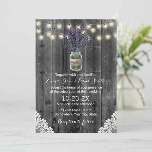  lavendel Floral Jar Rustic Lanced Wedding Kaart (Staand voorkant)