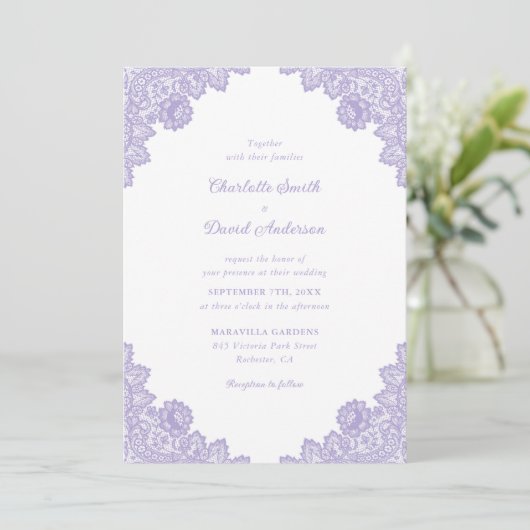 Lavendel Floral Lace Wedding Kaart (Staand voorkant)