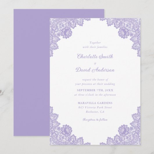 Lavendel Floral Lace Wedding Kaart (Voorkant / Achterkant)