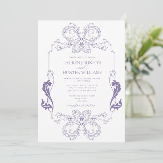  lavendel Floral Line Art Monogram Weddenschap Kaart (Staand voorkant)