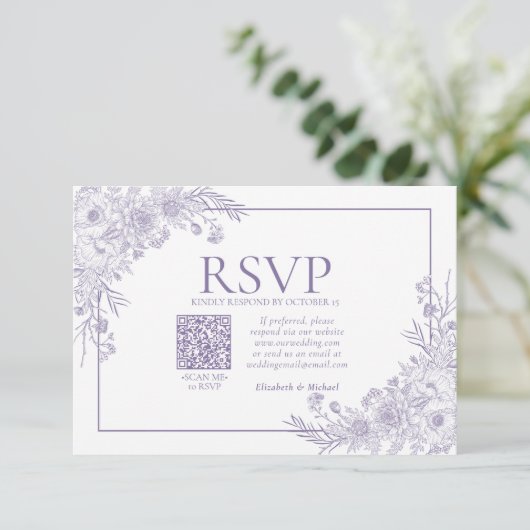 lavendel Floral Line Art QR Code RSVP (Staand voorkant)