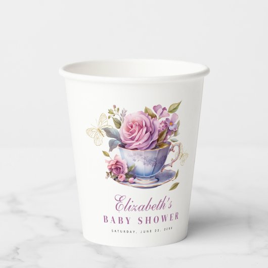 Lavendel Floral Tea Cup Baby shower papieren beker (Achterkant)