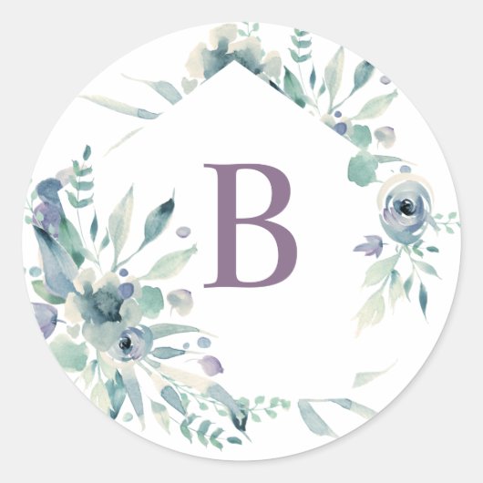 Lavendel Floral Waterverf krans Monogram Ronde Sticker (Voorkant)