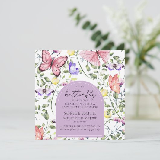 Lavendel Fluttering Butterfly Greenery Square Kaart (Staand voorkant)