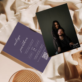 Lavendel Fotoscript Monogram QR Code Bruiloft Kaart