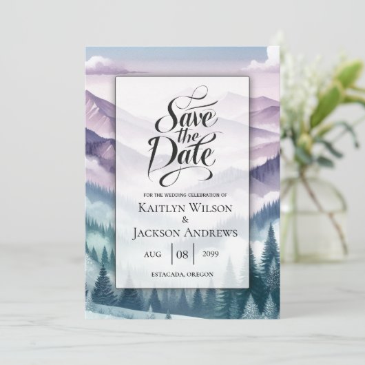 Lavendel Frost in de Alpine Mist bruiloft Save The Date (Staand voorkant)