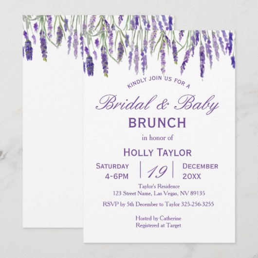 Lavendel gecombineerd Baby shower en Vrijgezellenf Kaart (Voorkant / Achterkant)