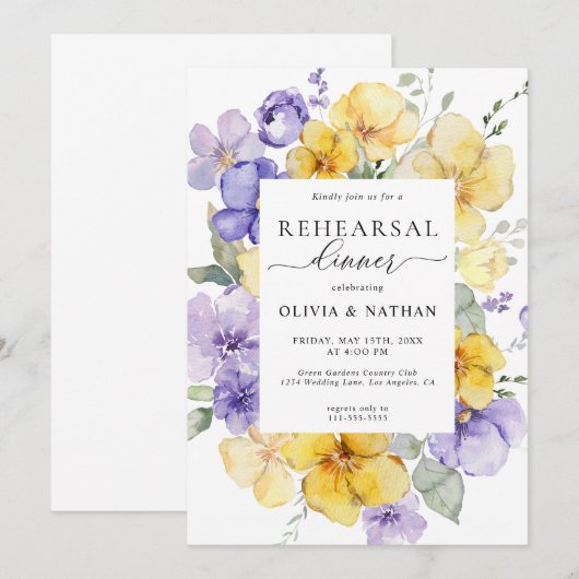 Lavendel Geel Bloemen Rustieke repetitie diner Kaart (Voorkant / Achterkant)