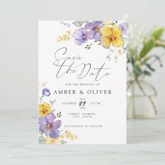 Lavendel Geel Bloemen Save The Date Uitnodiging (Staand voorkant)