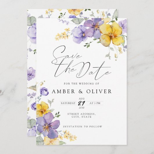 Lavendel Geel Bloemen Save The Date Uitnodiging (Voorkant / Achterkant)