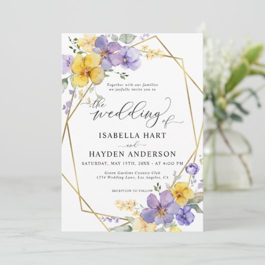 Lavendel geel chique bloemengoud Lijst bruiloft Kaart (Staand voorkant)