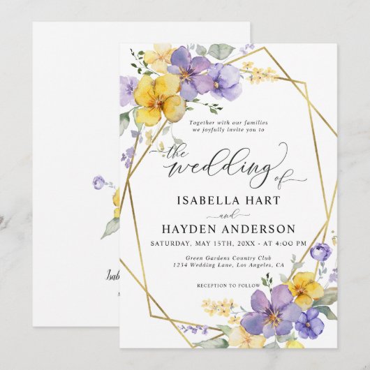 Lavendel geel chique bloemengoud Lijst bruiloft Kaart (Voorkant / Achterkant)
