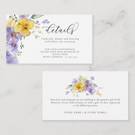 Lavendel geel paarse bloemen bruiloft details informatiekaartje (Voorkant / Achterkant)