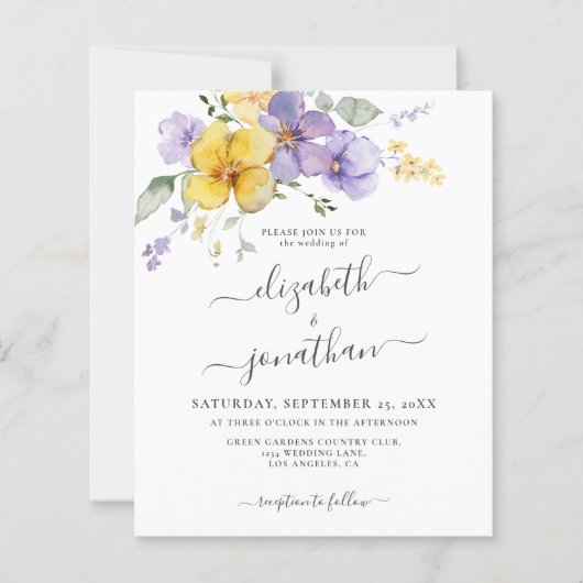 Lavendel geel Paarse budget bruiloft uitnodiging (Voorkant)