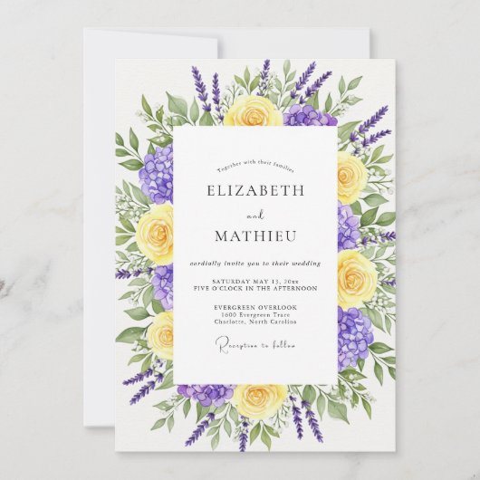Lavendel Gele Bloemige Whimsical Bruiloft Kaart (Voorkant)