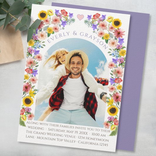 Lavendel & Gele Elegantie Foto Boog Wildflower Kaart