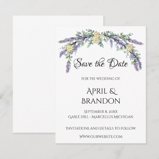 Lavendel Gele Roos en Eucalyptus Huwelijk Save The Date (Voorkant / Achterkant)