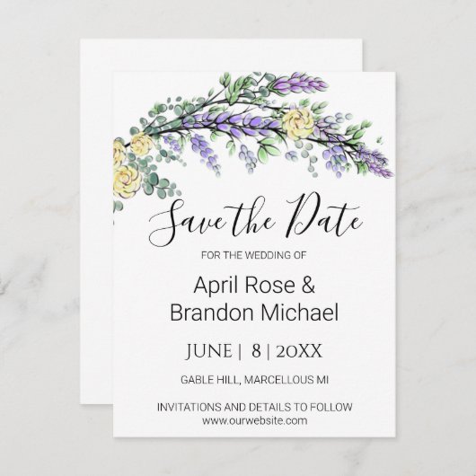 Lavendel gele rozen eucalyptus bewaar de datum save the date (Voorkant / Achterkant)