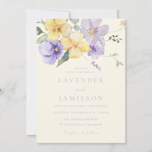 Lavendel & Gele Zonneschijn Bloemen Bruiloft Kaart (Voorkant)