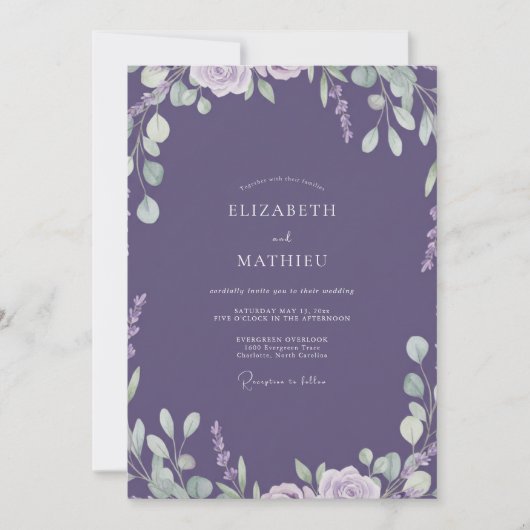 Lavendel Geschilderde Blad Bruiloft Kaart (Voorkant)