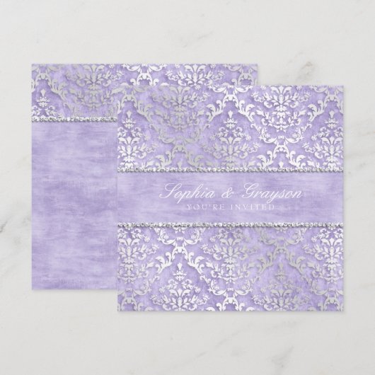 Lavendel Glimmer Damask Wedding Invite Kaart (Voorkant / Achterkant)