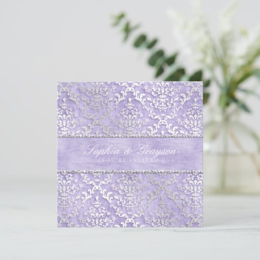 Lavendel Glimmer Damask Wedding Invite Kaart (Staand voorkant)