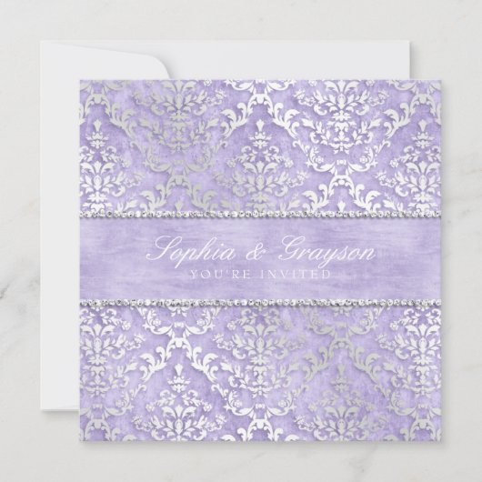 Lavendel Glimmer Damask Wedding Invite Kaart (Voorkant)