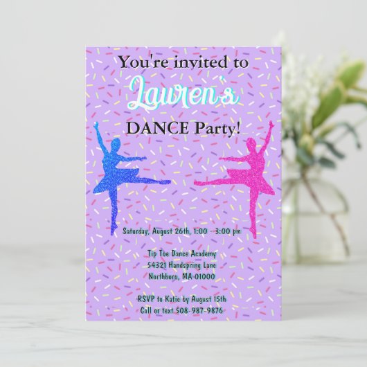 Lavendel Glitter Ballerina Dance Party Uitnodiging (Staand voorkant)