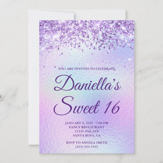 Lavendel Glitter Iridescente Folie Sweet 16 Kaart (Voorkant)