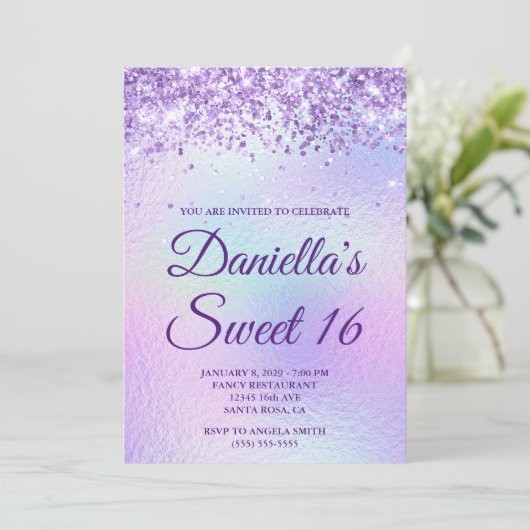 Lavendel Glitter Iridescente Folie Sweet 16 Kaart (Staand voorkant)