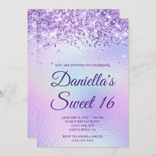 Lavendel Glitter Iridescente Folie Sweet 16 Kaart (Voorkant / Achterkant)