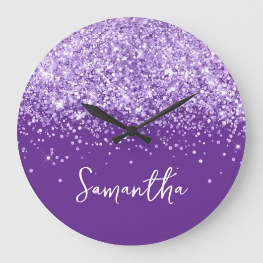 Lavendel Glitter Konings Paars Script Naam Grote Klok (Voorkant)