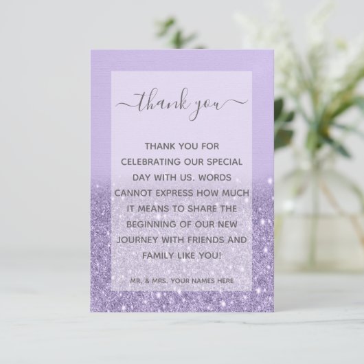 Lavendel Glitter Moderne Bruiloft Bedankkaart (Staand voorkant)