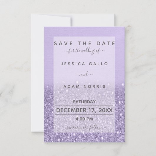 Lavendel Glitter Moderne Bruiloft Save The Date (Voorkant)