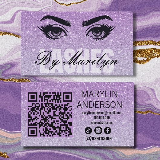 Lavendel Glitter Ombre Lash Tech QR-code scanbaar Visitekaartje
