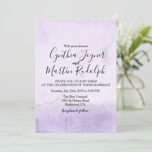 Lavendel Glitter Waterverf bruiloft uitnodiging (Staand voorkant)