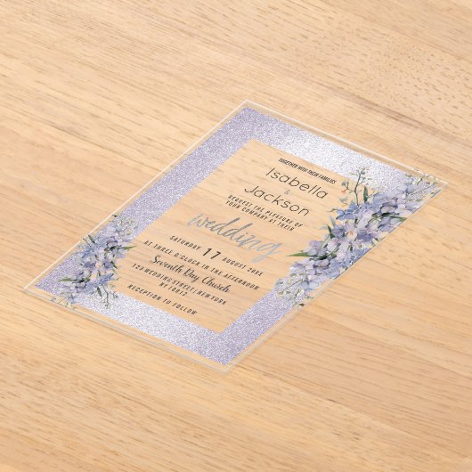 Lavendel glitter wilde bloemen bloemenbruiloft acryl uitnodigingen (Laagn)