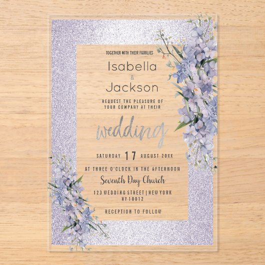 Lavendel glitter wilde bloemen bloemenbruiloft acryl uitnodigingen (Voorkant)