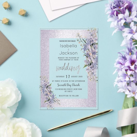 Lavendel glitter wilde bloemen bloemenbruiloft acryl uitnodigingen (Insitu (Huwelijk))