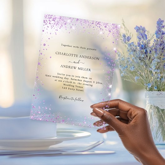 Lavendel glitters avonds heldere trouw acryl uitnodigingen