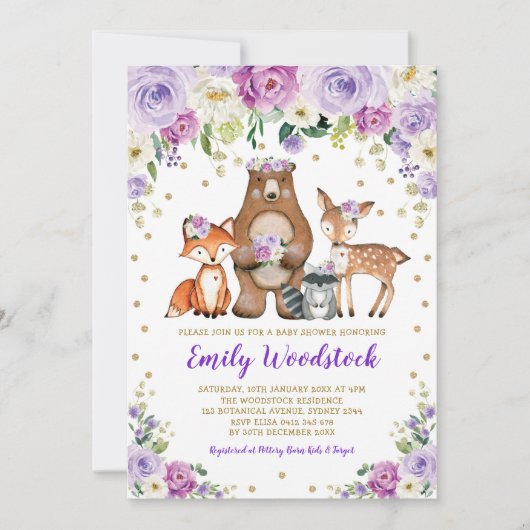 Lavendel Gold Floral Woodland Animals Baby shower Kaart (Voorkant)