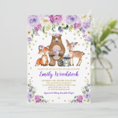 Lavendel Gold Floral Woodland Animals Baby shower Kaart (Staand voorkant)