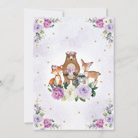 Lavendel Gold Floral Woodland Animals Baby shower Kaart (Achterkant)